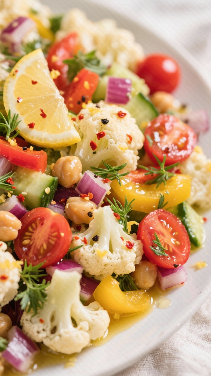 Close-up detail: Dressed cauliflower salad tossed with diced red onion, red and yellow bell pepper, 