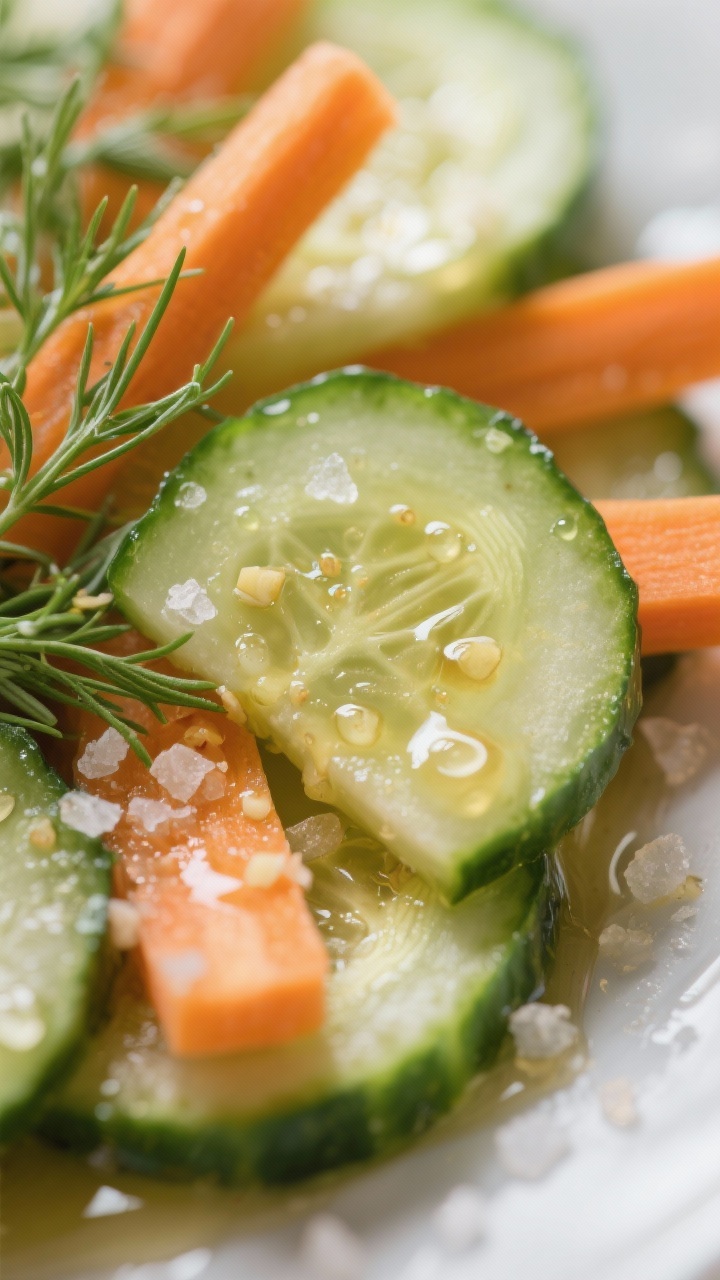 Close-up detail – Dressing clinging to thin slices: Macro close-up of cucumber half-moons and carr