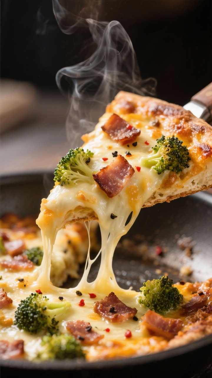 Close-up detail: Extreme close-up of a wedge being lifted from the skillet, showing custardy soft cu