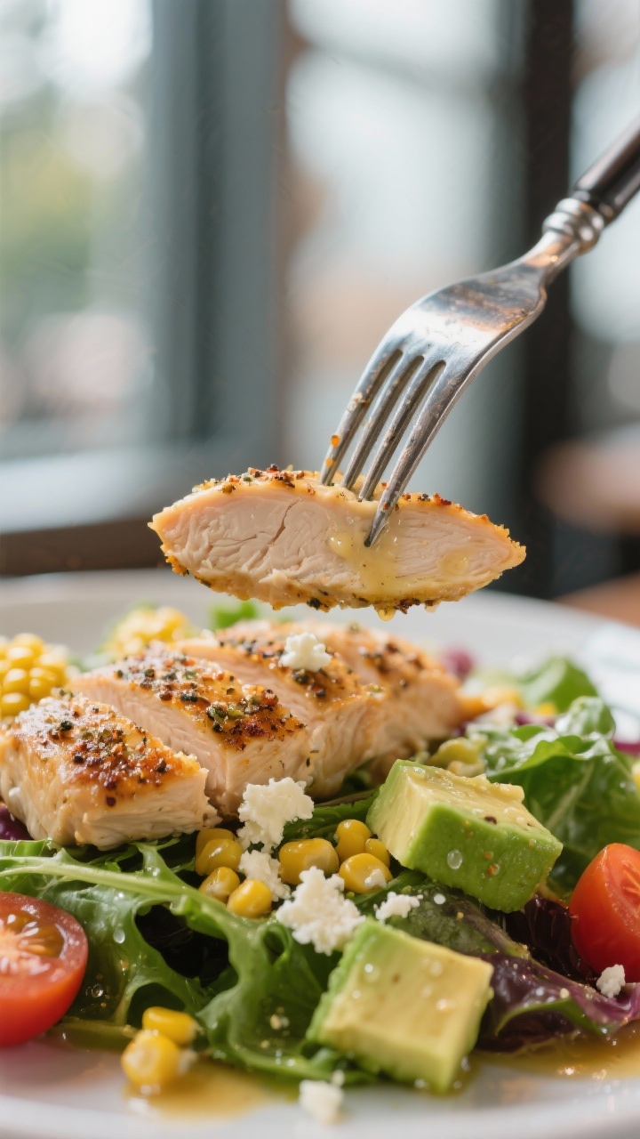 Close-up detail: Fork piercing a slice of the seasoned chicken atop the salad, showing the moist int