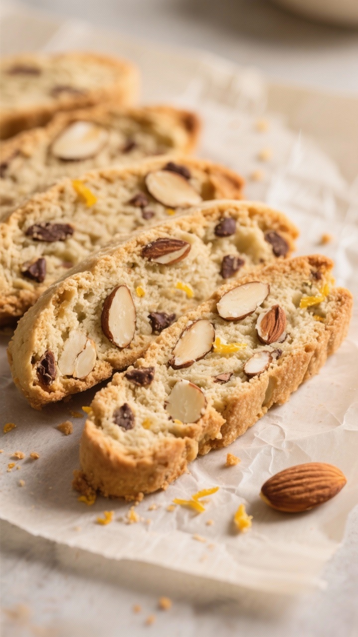 Close-up detail: Freshly baked almond flour biscotti slices after the second bake, shown on parchmen