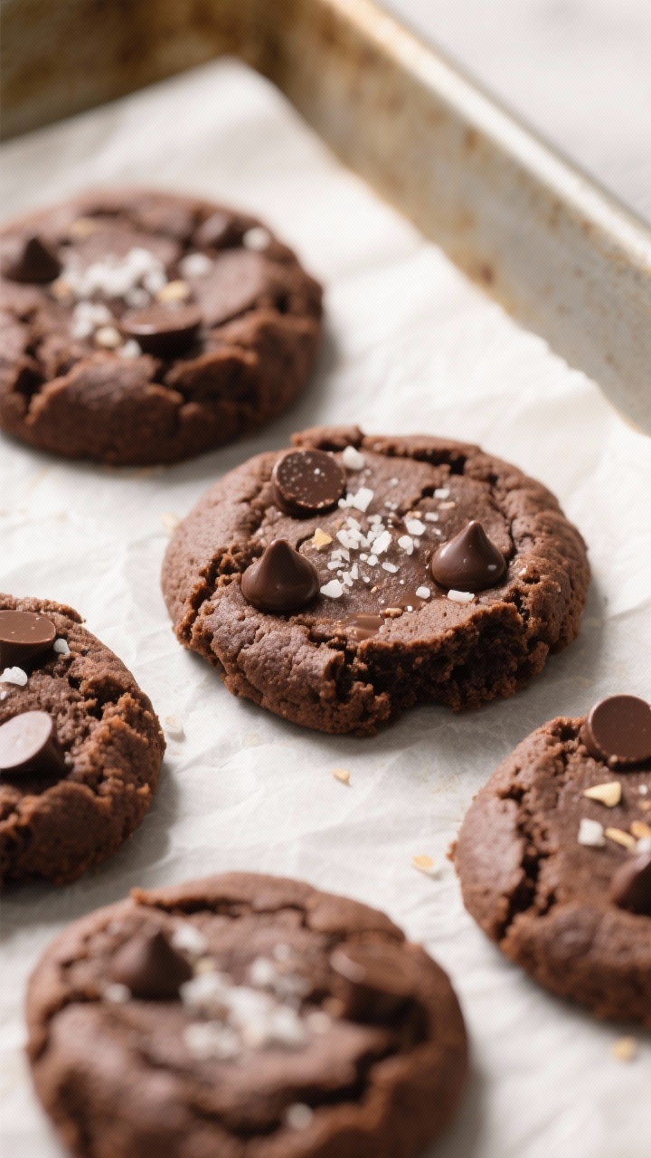 Close-up detail: Freshly baked keto chocolate cookies just out of the oven on parchment, edges set w