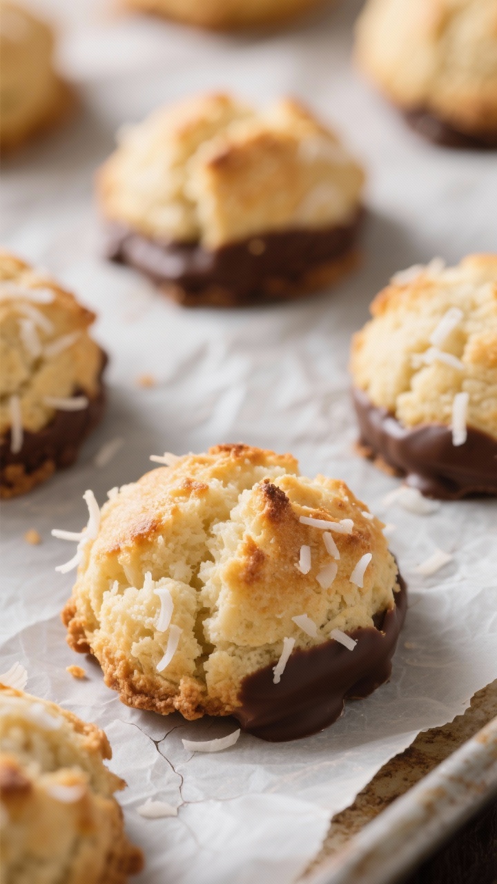 Close-up detail: Freshly baked keto coconut macaroons just out of the oven on parchment, edges golde