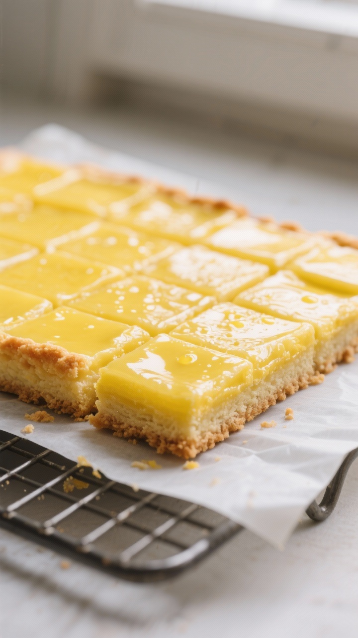 Close-up detail: freshly baked lemon squares slab cooling on a wire rack, the set matte lemon custar