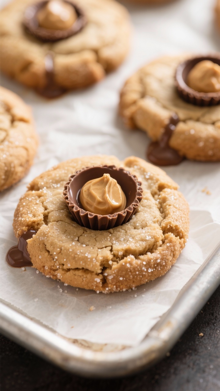 Close-up detail: Freshly baked peanut butter cookies just out of the oven with mini peanut butter cu