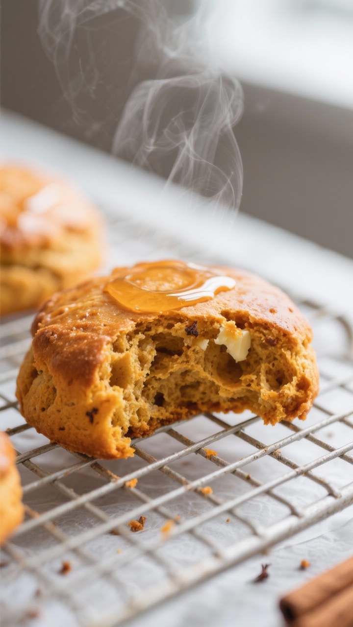 Close-up detail: Freshly baked pumpkin drop biscuit torn open on a wire rack, steam rising, showing 