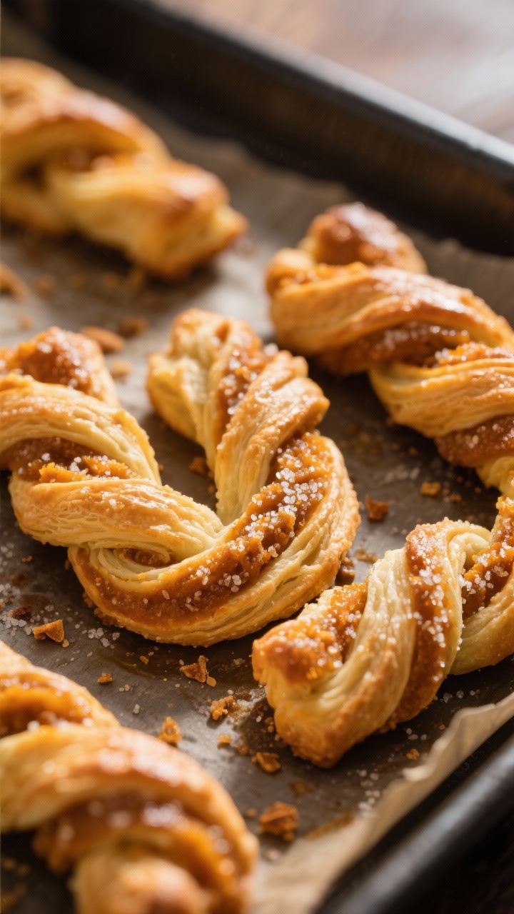 Close-up detail: Freshly baked Pumpkin Pie Twists just out of the oven, deep golden and puffed with 