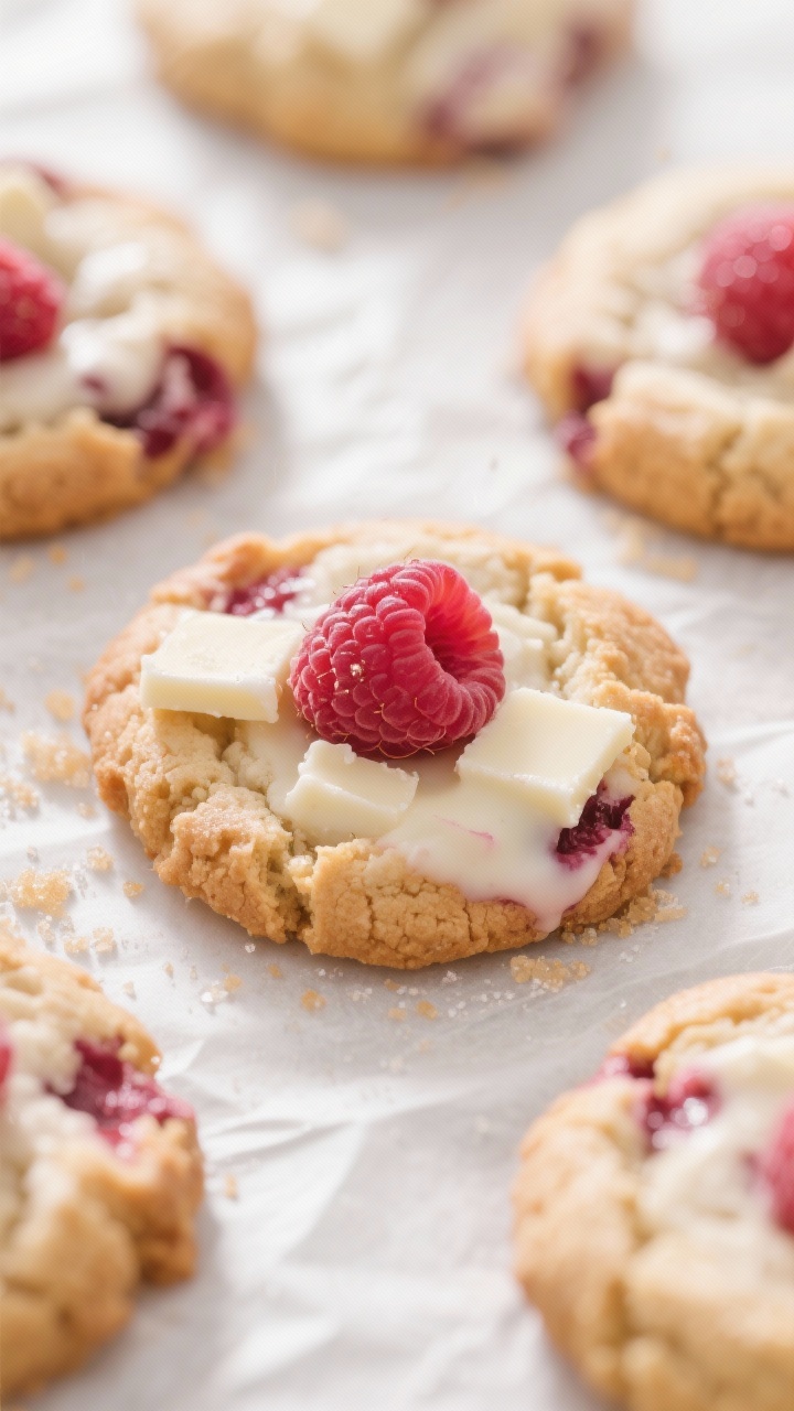Close-up detail: Freshly baked raspberry and white chocolate cookies cooling on parchment, edges lig