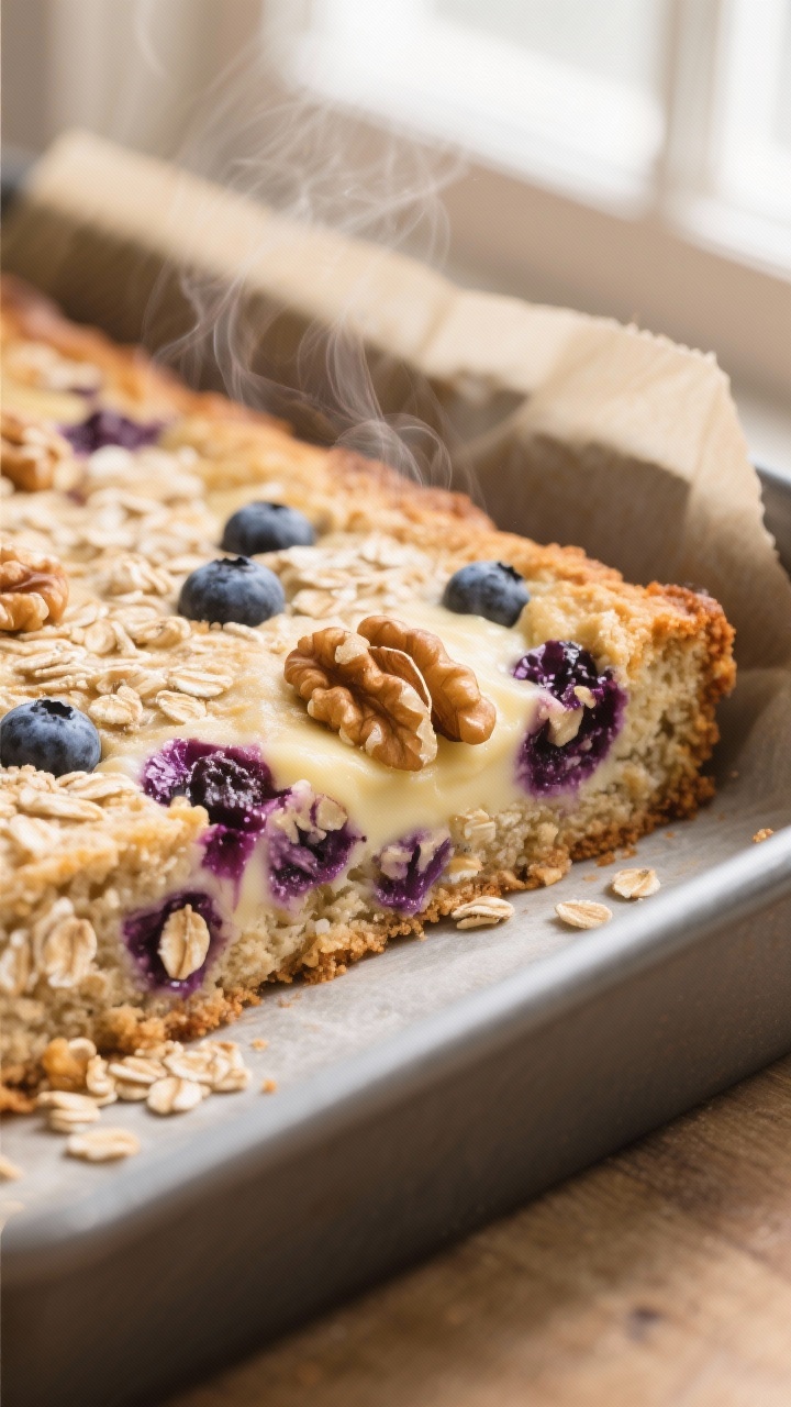 Close-up detail: Freshly baked sugar free oatmeal square just out of the oven, edges toasty and gold
