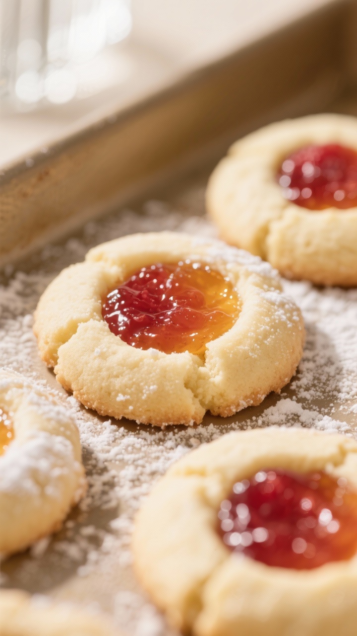 Close-up detail: Freshly baked thumbprint cookies just out of the oven, pale golden bottoms and tend
