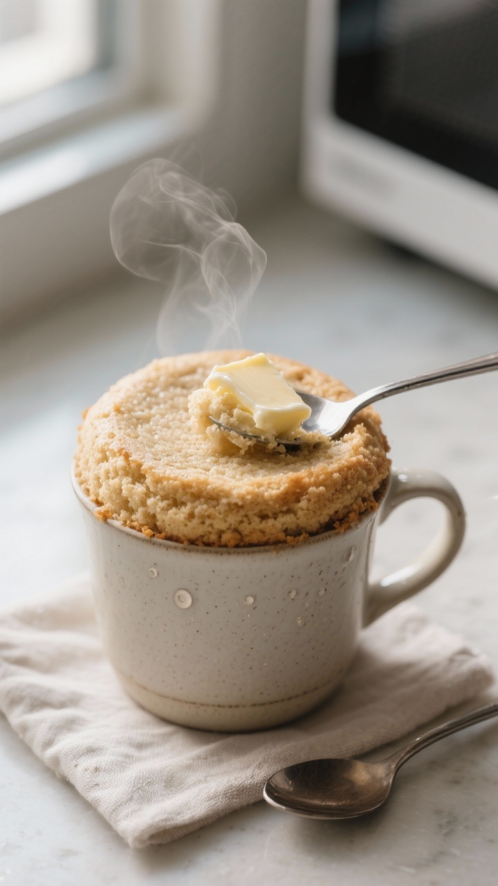 Close-up detail: Freshly cooked keto coconut flour mug cake just out of the microwave, the domed top
