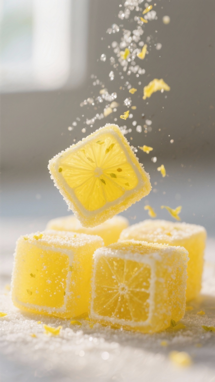 Close-up detail: freshly cut sour lemon gumdrops, 1-inch squares with clean, glossy sides and a boun