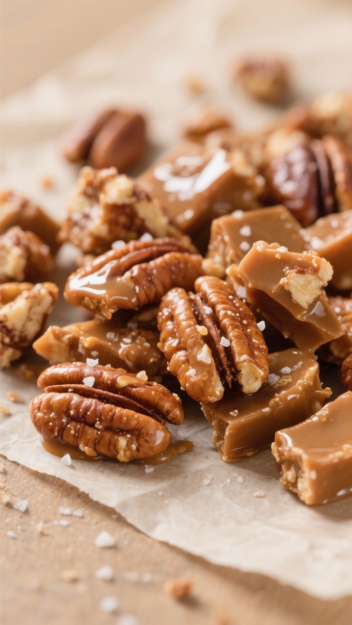 Close-up detail: Freshly made pecan praline shards cooled and chopped, glossy toffee coating clingin