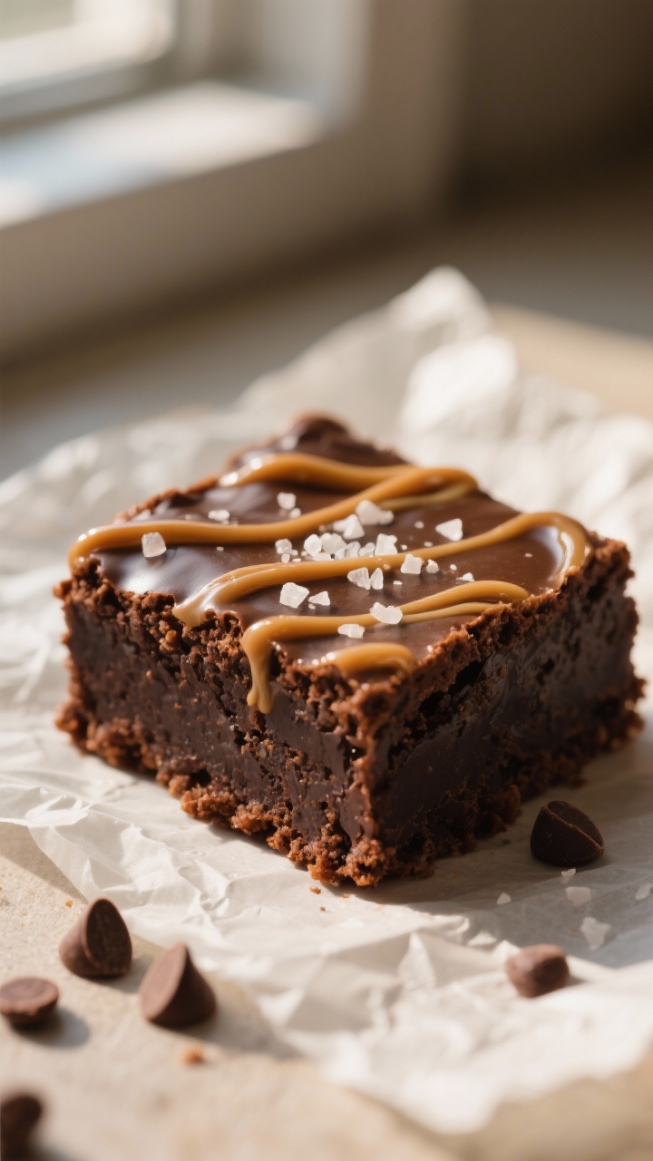 Close-up detail: Fudgy keto brownie square with glossy caramel macchiato swirl ribbons on the surfac