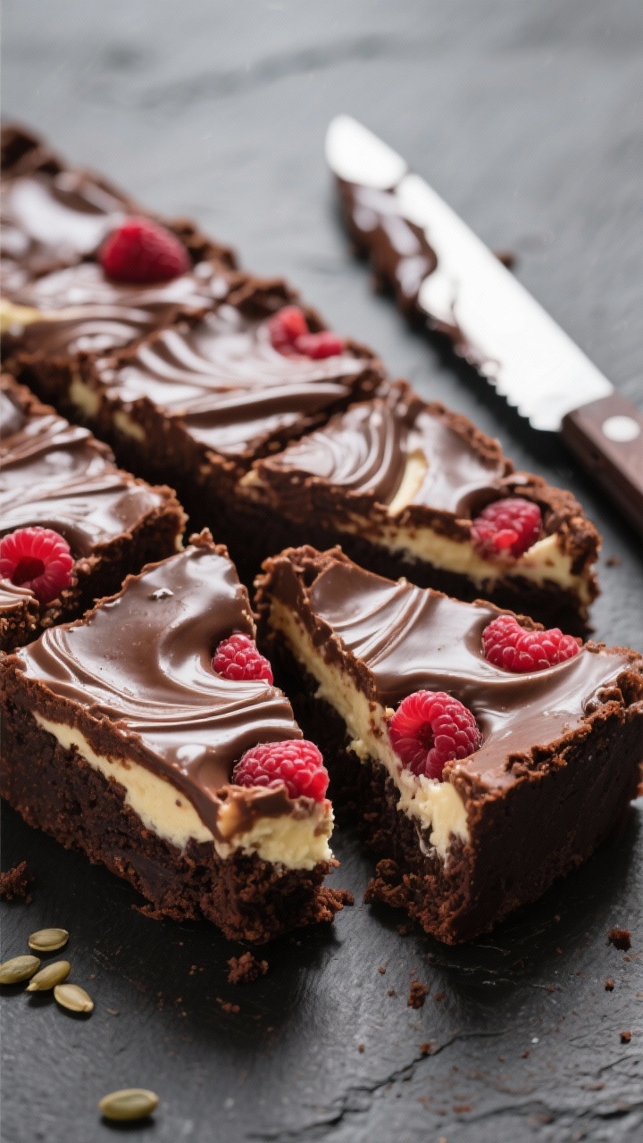 Close-up detail: Fudgy raspberry cheesecake brownies just after slicing, showing dense, glossy choco
