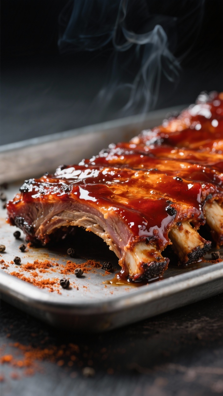 Close-up detail: Glazed air fryer baby back ribs just after the high-heat finish, sticky barbecue sa