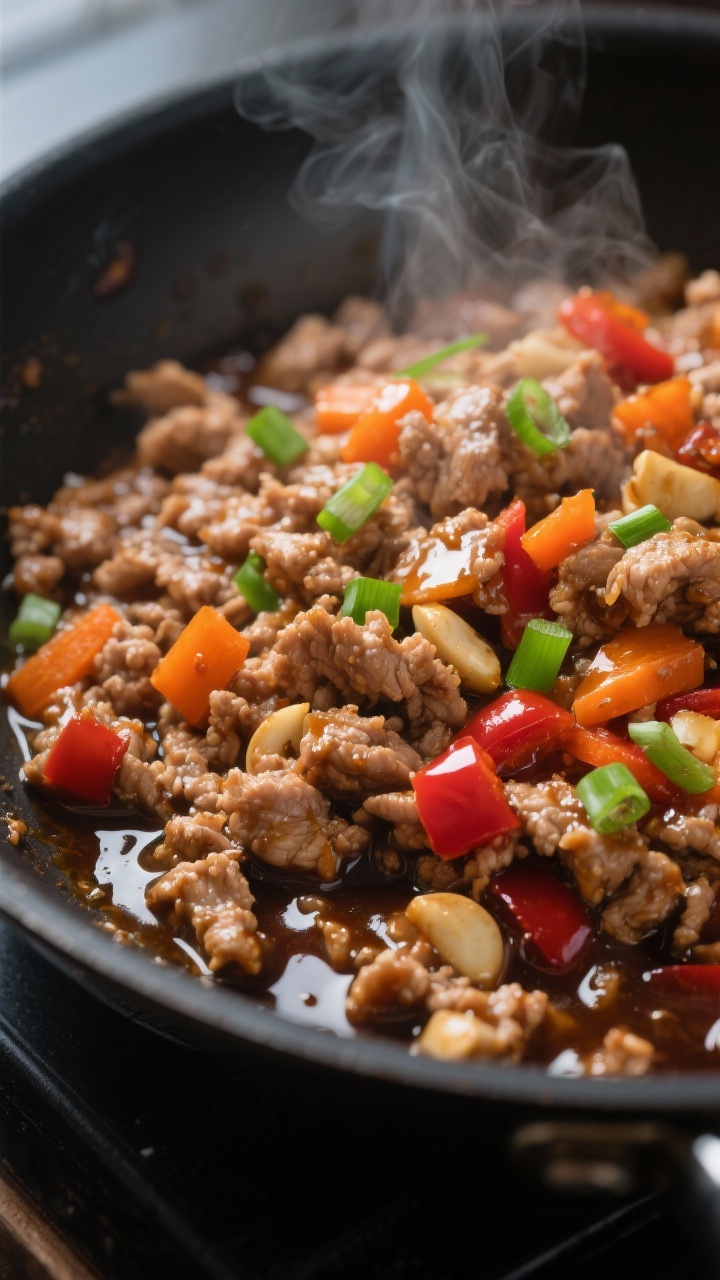 Close-up detail: Glazed ground turkey filling sizzling in a skillet after saucing, with glossy, slig
