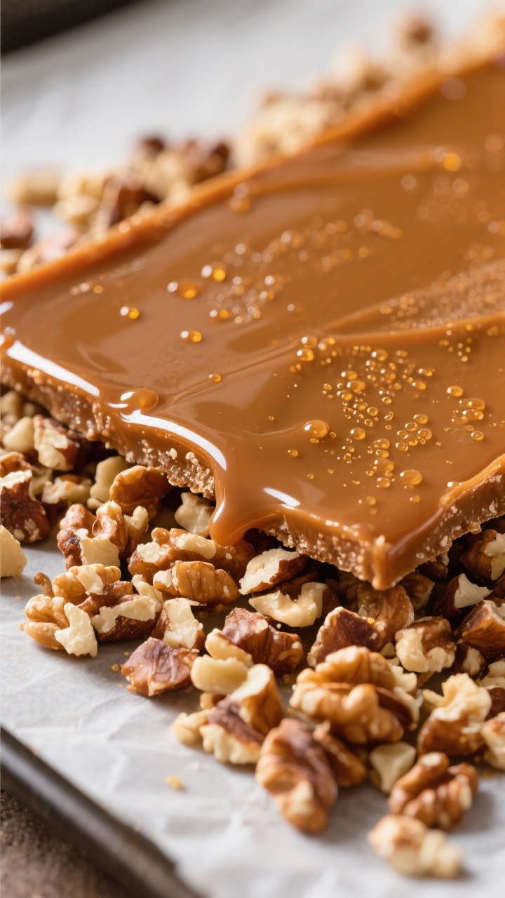 Close-up detail: Glossy deep-amber toffee just poured over a bed of toasted chopped walnuts on a par