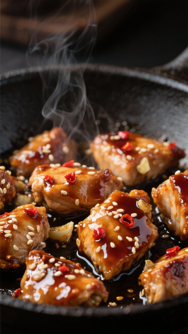 Close-up detail: Glossy keto teriyaki chicken bites just after tossing in thickened sauce, steam ris
