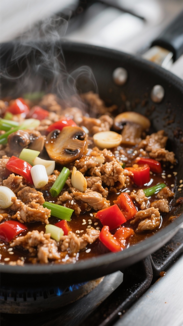 Close-up detail: Glossy, sauced ground chicken filling sizzling in a wide skillet over medium-high h