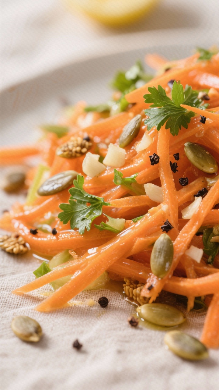 Close-up detail: Glossy shredded carrot salad just after tossing, strands coated lightly with olive 
