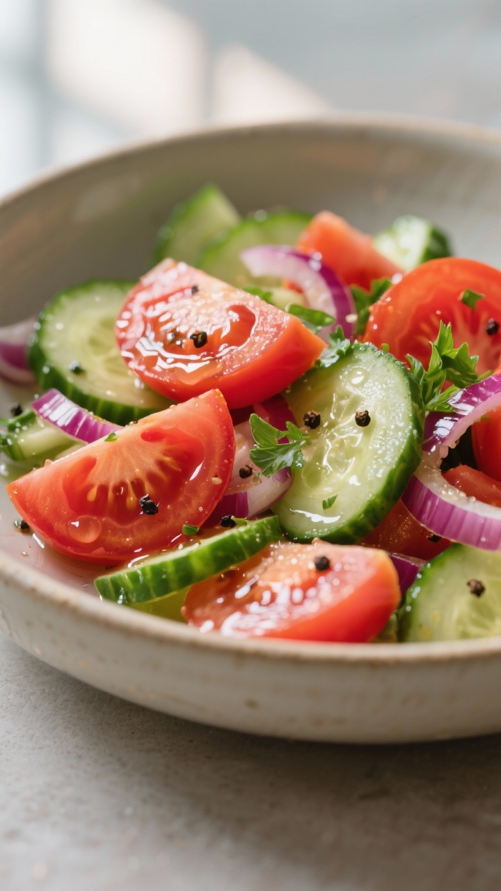 Close-up detail: Glossy tomato and cucumber salad just after tossing, thinly sliced English cucumber