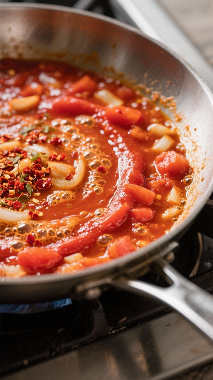 Close-up detail: Glossy vodka tomato sauce mid-simmer in a wide stainless skillet, showing toasted t