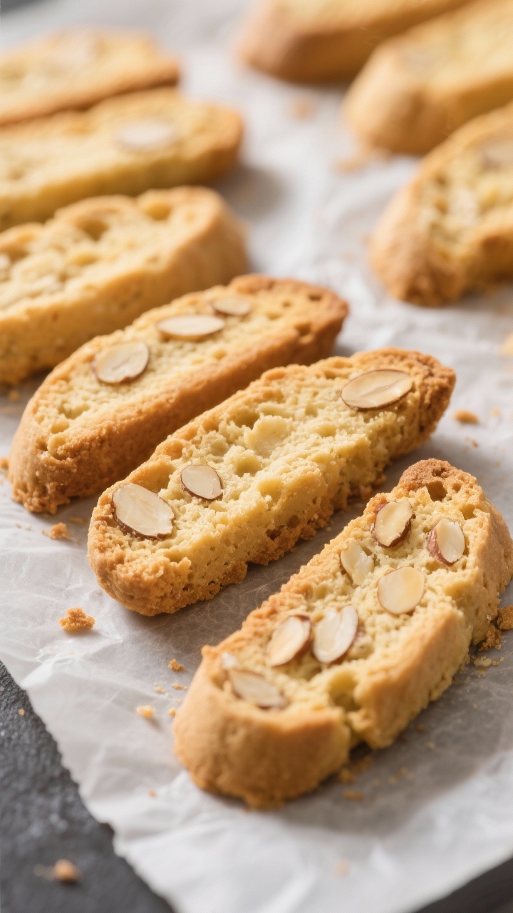 Close-up detail: Golden almond biscotti slices fresh from the second bake, arranged cut-side up on a