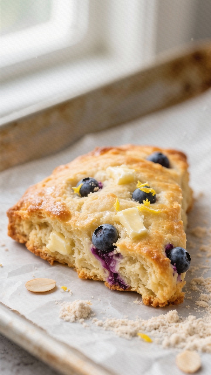 Close-up detail: Golden-baked keto scone wedge just out of the oven with a flaky, buttery crumb and