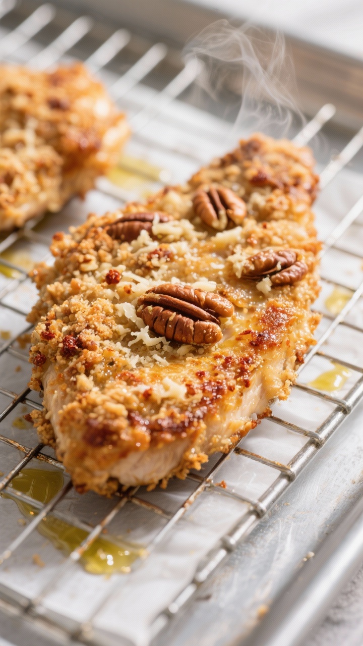 Close-up detail: Golden-baked pecan-crusted chicken cutlet just out of the oven on a wire rack over 