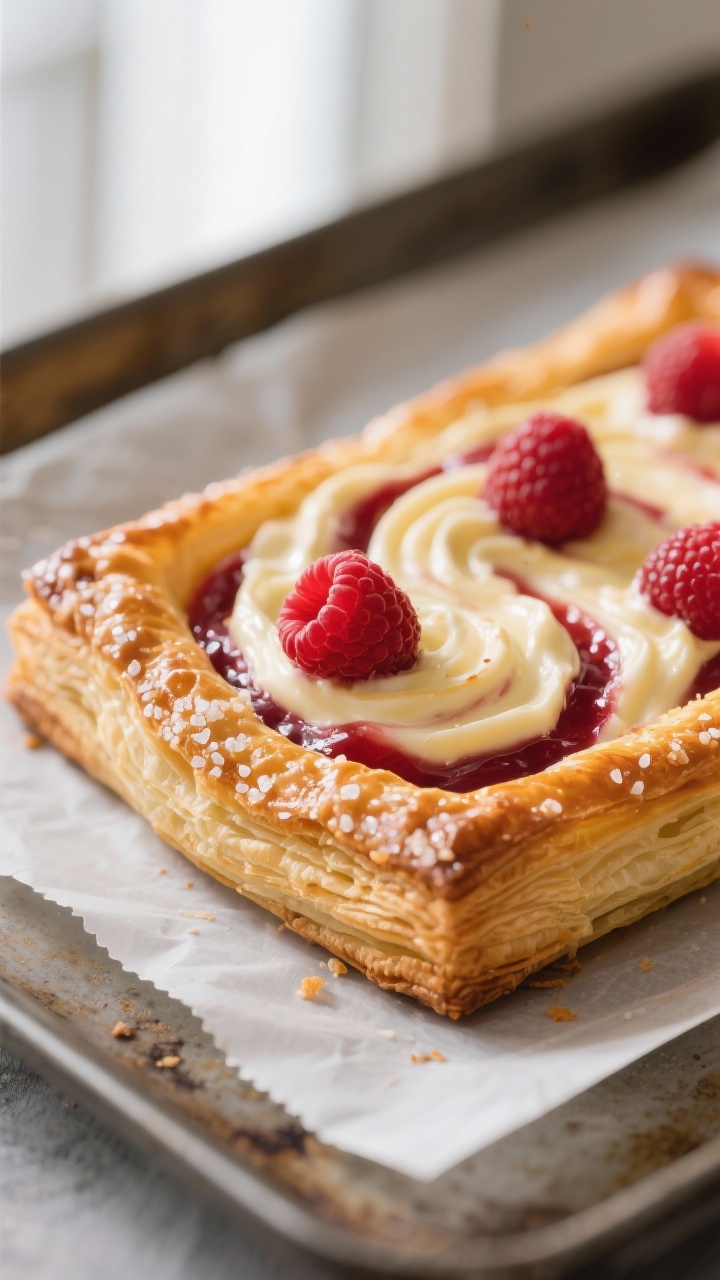 Close-up detail: Golden, baked Raspberry Cream Cheese Danish just out of the oven, focusing on the p
