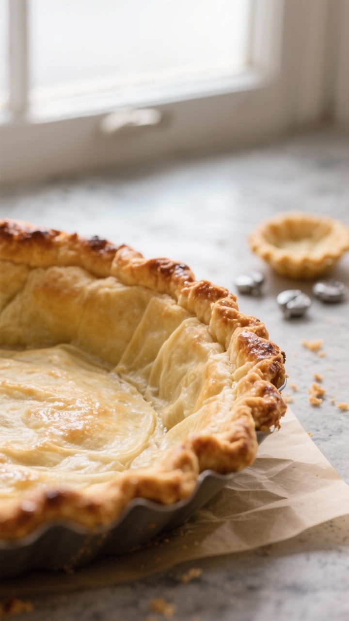 Close-up detail: Golden, blind-baked pie shell fresh from the oven, edges deeply crimped and fully b