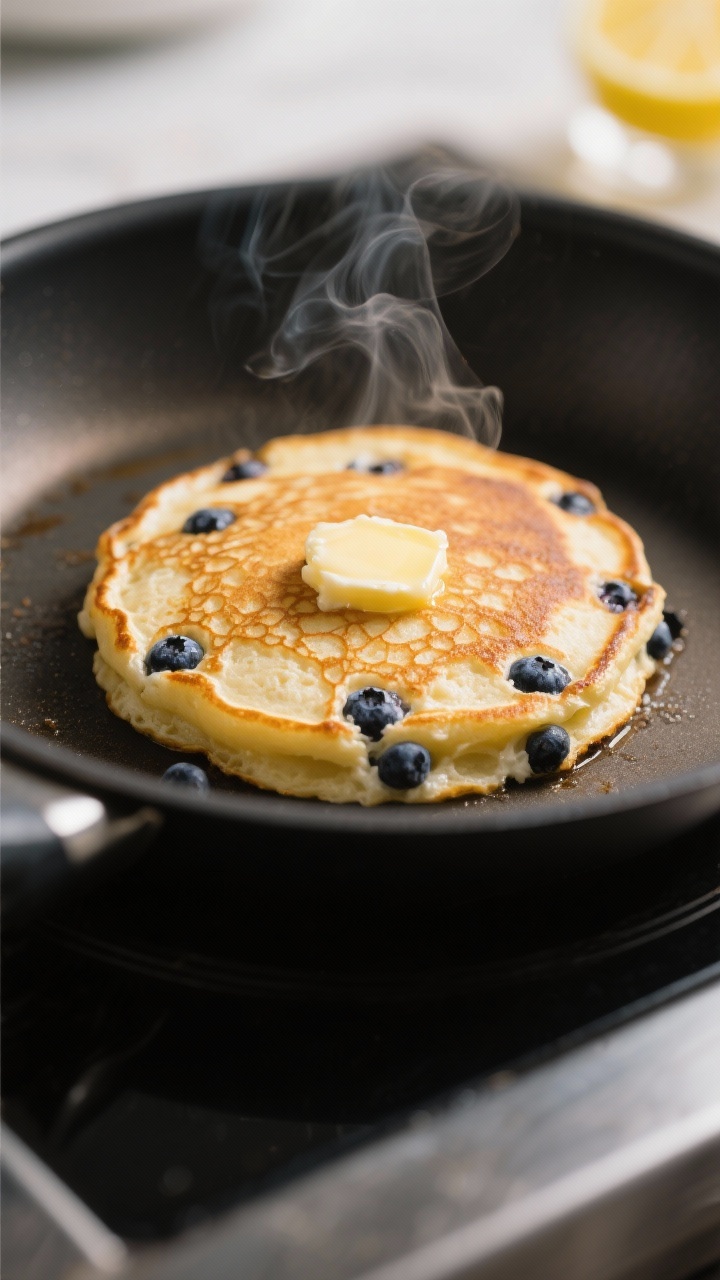 Close-up detail: Golden blueberry lemon ricotta pancake just flipped on a nonstick skillet, showing