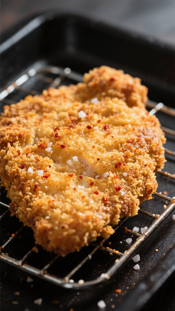 Close-up detail: Golden, breaded chicken cutlet just out of the skillet, resting on a rack to stay c