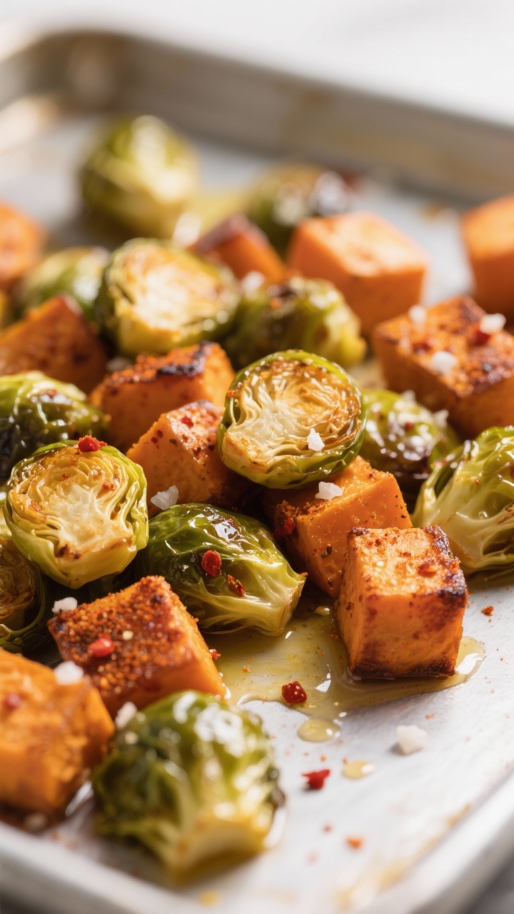 Close-up detail: Golden-brown air-fried Brussels sprouts and sweet potato cubes with caramelized edg