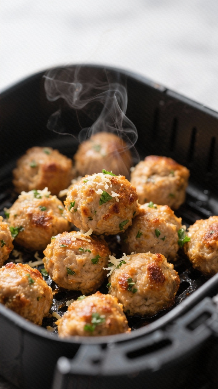 Close-up detail: Golden-brown air fryer chicken meatballs just finished cooking in the basket, light
