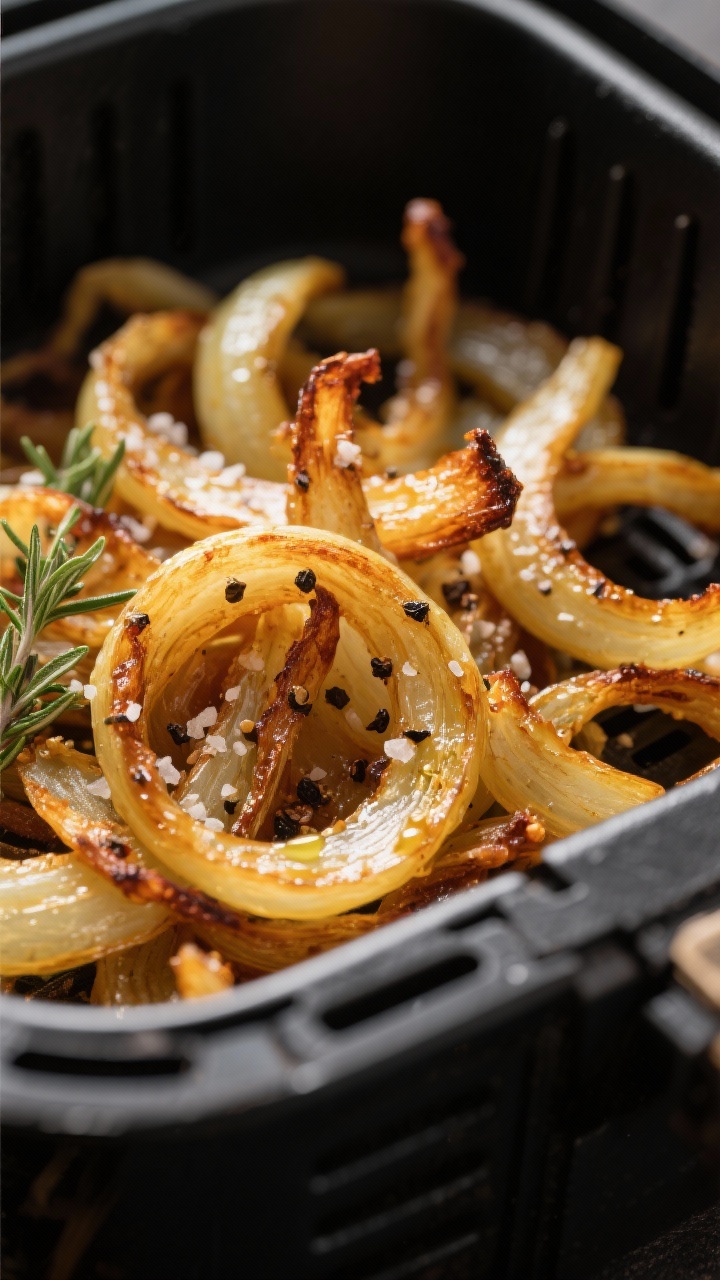 Close-up detail: Golden-brown air fryer onions just finished cooking in the basket, tender strands w