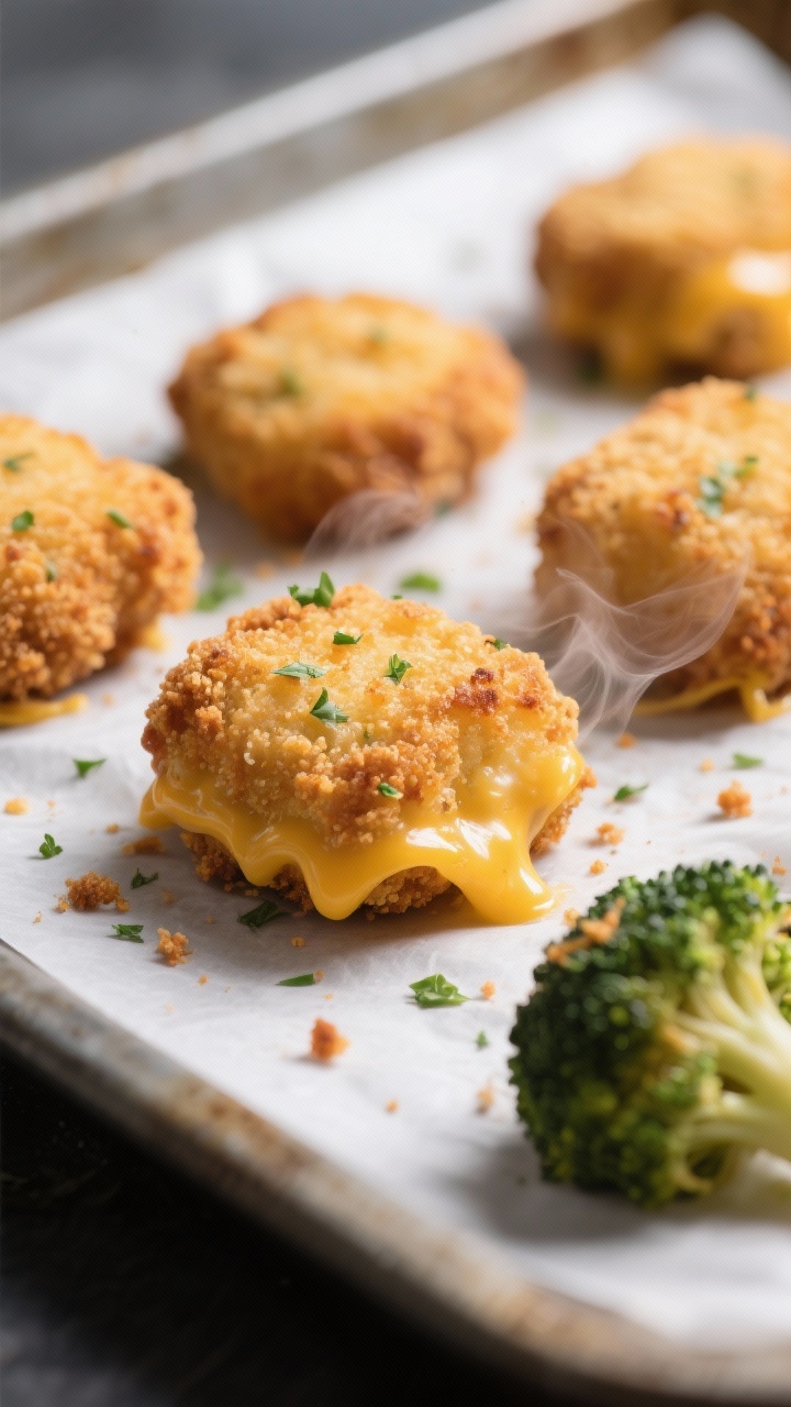 Close-up detail: Golden-brown Broccoli Cheese Nuggets just out of the oven, crisp breadcrumb crust w