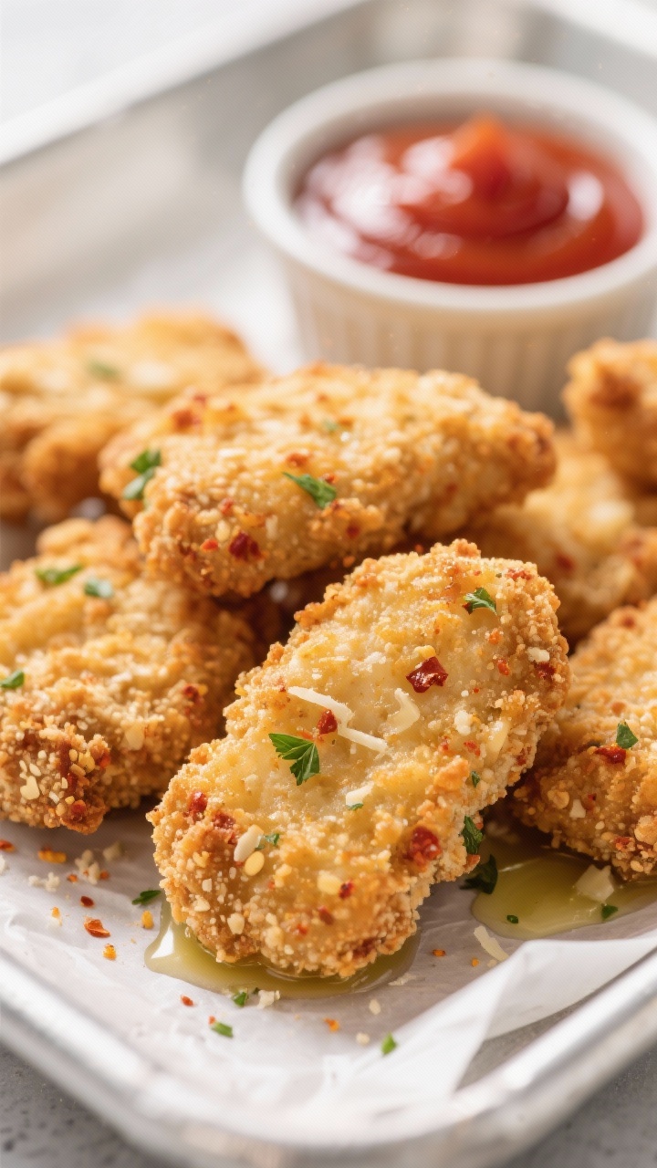 Close-up detail: Golden-brown Chicken Nuggets THM S just out of the air fryer, ultra-crispy almond f