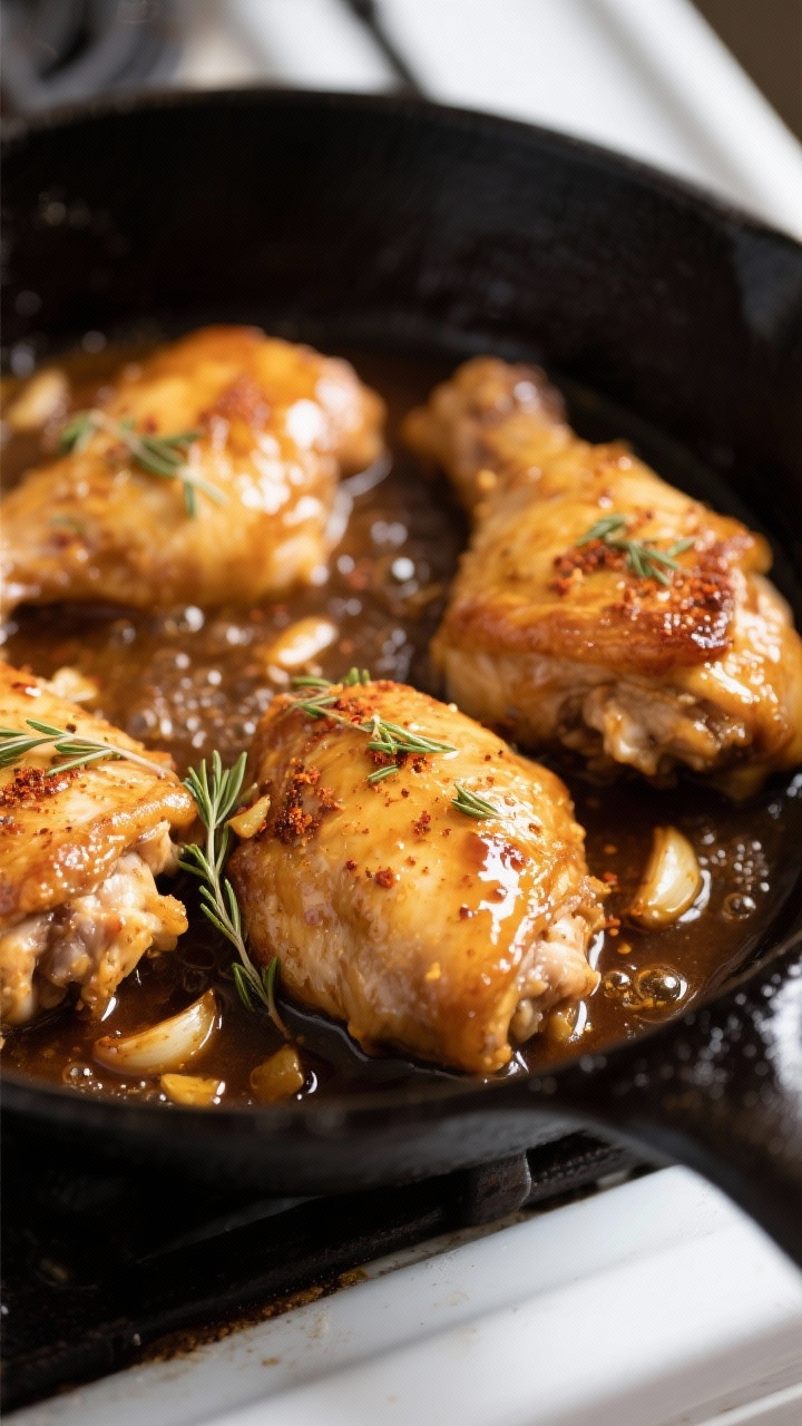 Close-up detail: Golden-brown chicken thighs simmering in a glossy maple-Dijon sauce in a black skil