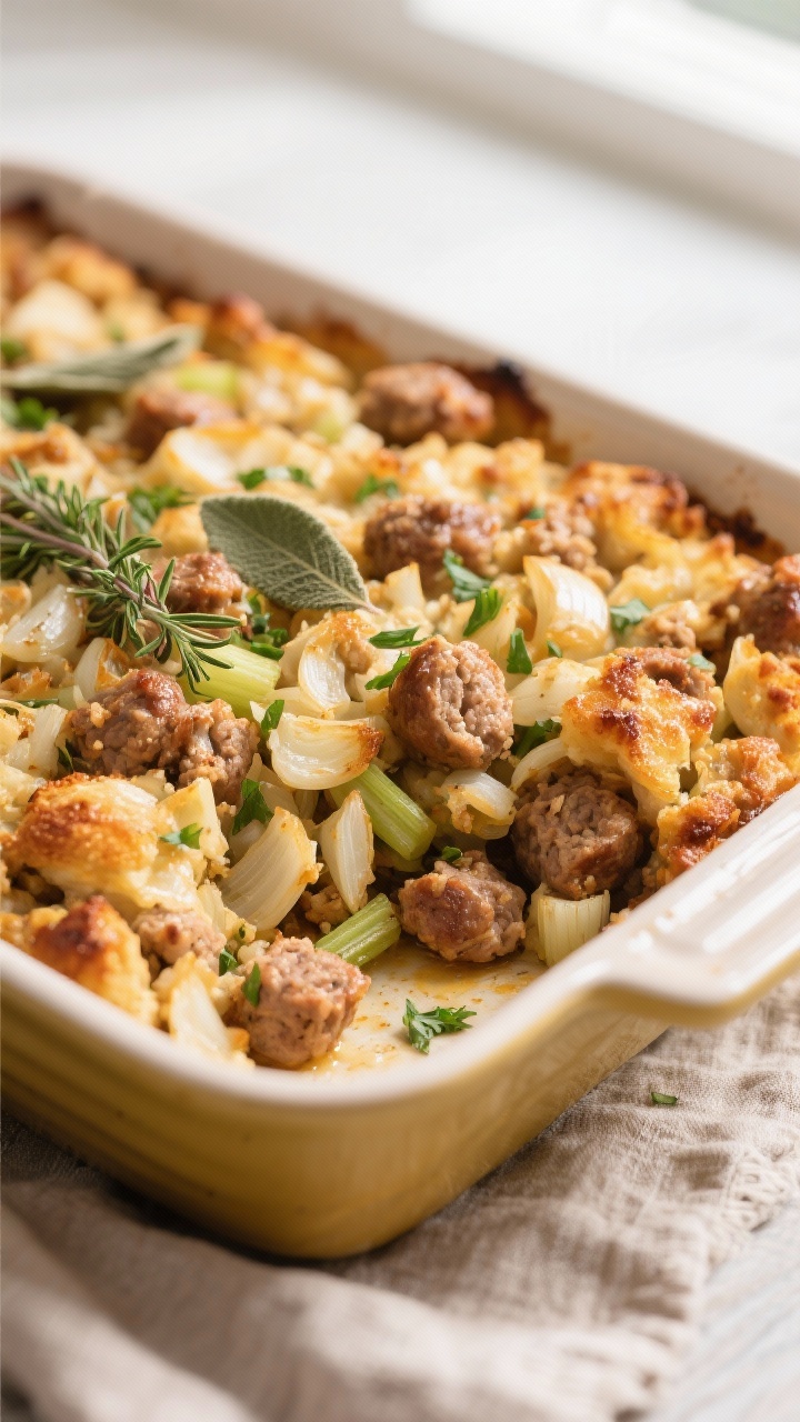 Close-up detail: Golden-brown keto sausage stuffing just out of the oven, showing crispy edges and t