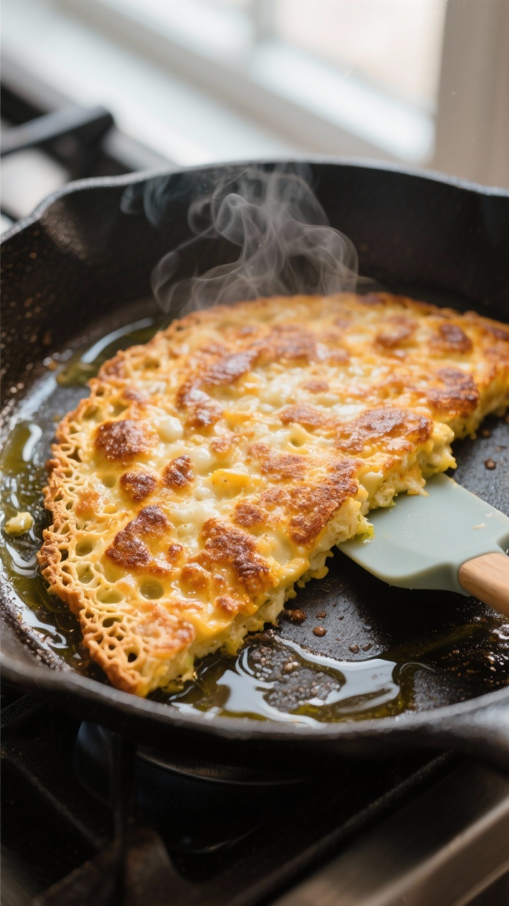 Close-up detail: Golden-brown low-carb skillet crust just after flipping, showing crisp, lacy edges