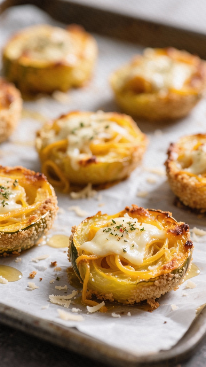 Close-up detail: Golden-brown spaghetti squash bites fresh from the oven on a parchment-lined sheet,