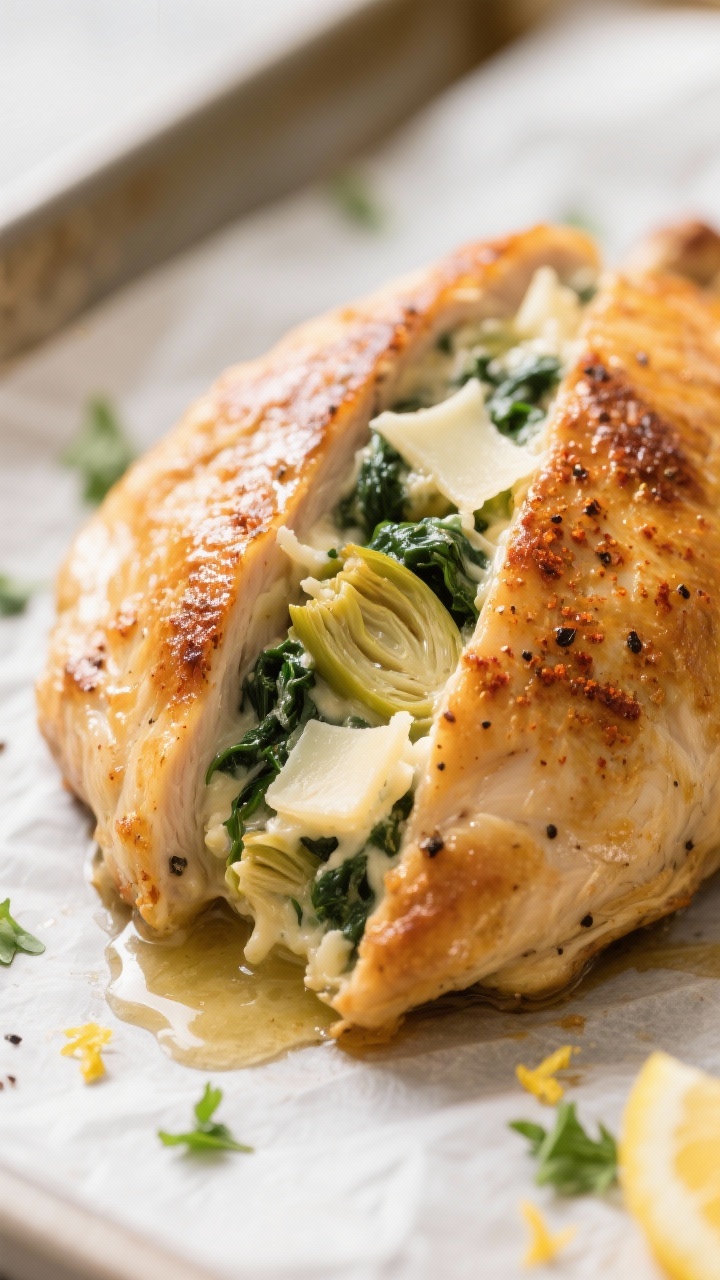 Close-up detail: Golden-brown spinach artichoke stuffed chicken just out of the oven, creamy filling