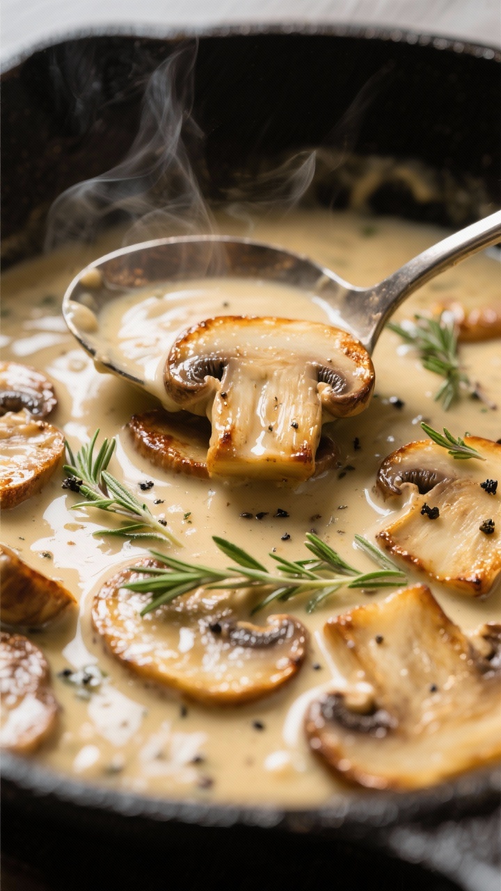 Close-up detail: Golden-browned sliced cremini mushrooms simmering in a glossy, reduced cream sauce 