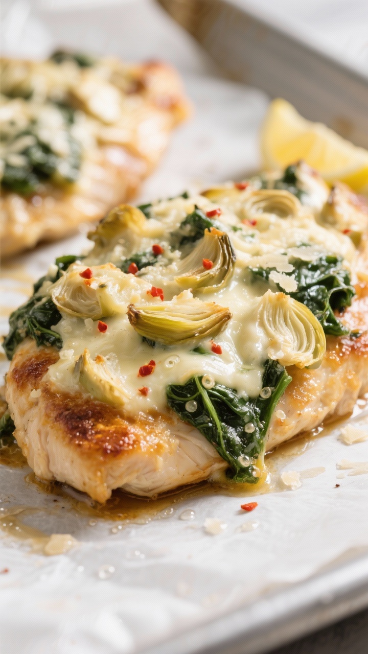 Close-up detail: Golden-browned spinach artichoke topping melting over juicy baked chicken breast, c