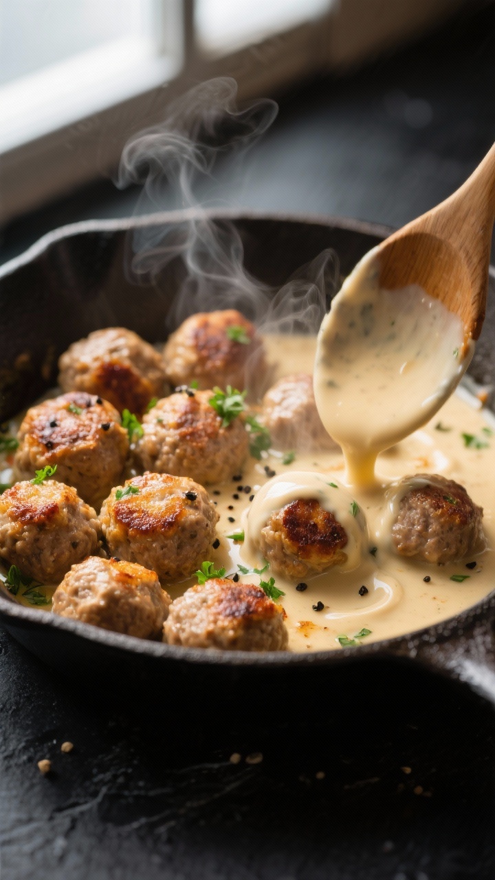 Close-up detail: Golden-browned Swedish meatballs sizzling in a skillet as cream gravy is being stir