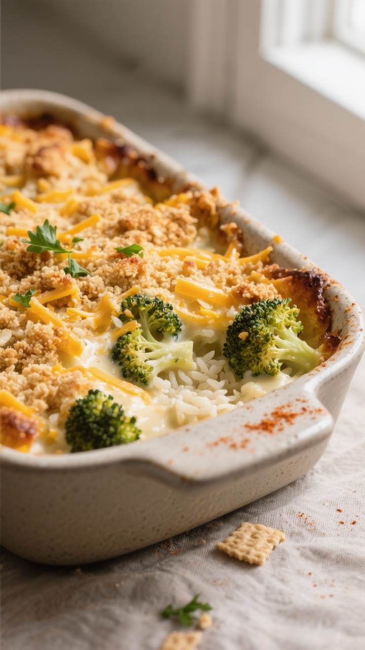 Close-up detail: Golden, bubbling broccoli casserole just out of the oven, shot at a 45-degree angle