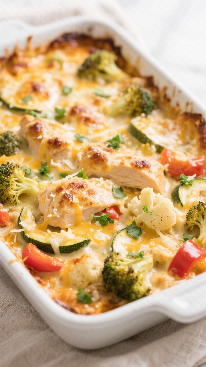 Close-up detail: Golden, bubbling Keto Chicken Vegetable Casserole just out of the oven, showing str