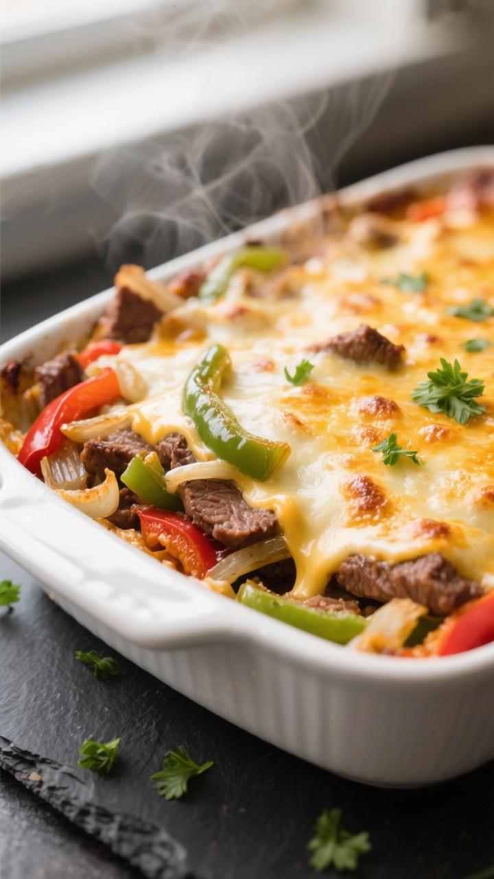 Close-up detail: Golden, bubbling Low Carb Philly Cheesesteak Casserole just pulled from the oven, m